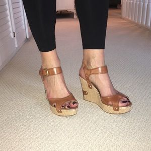 Brown leather wedge sandals